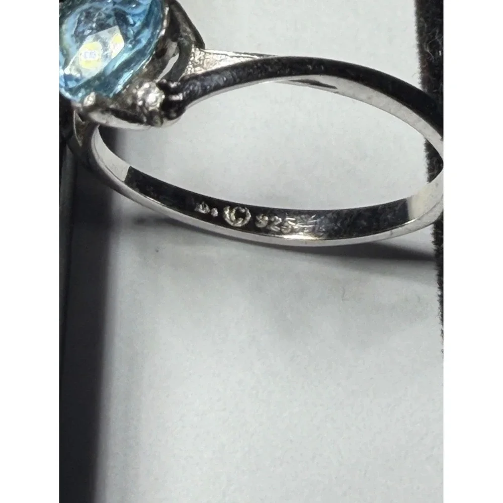 925 Sterling Silver Heart Blue Topaz Bypass Ring Size 7.25